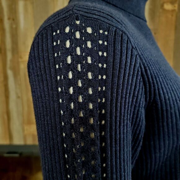Elie Tahari M Turtleneck Sweater Maelee Navy Ribbed Pointelle Perforated Sleeves - Picture 2 of 5